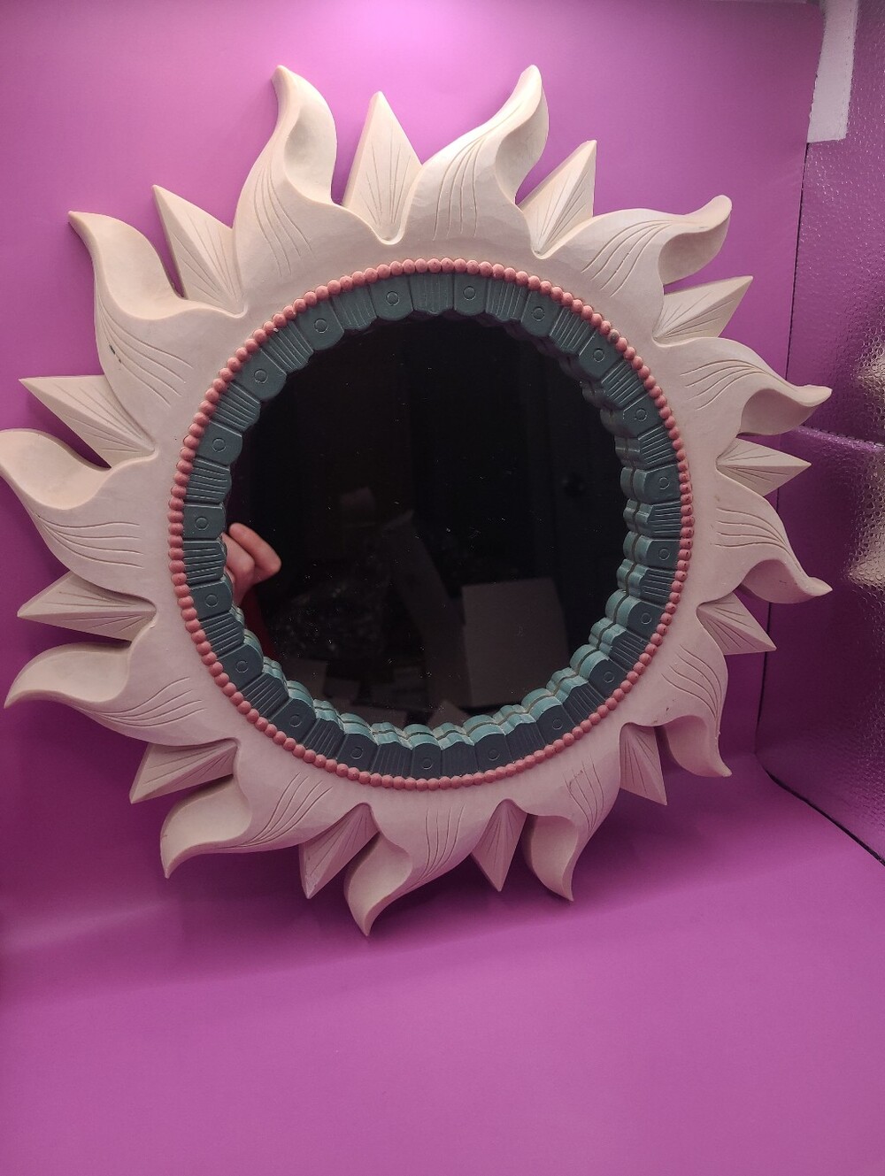 Vtg 1990s Home Interiors Celestial Sun Mirror Beige Teal Plastic Boho Whimsigoth